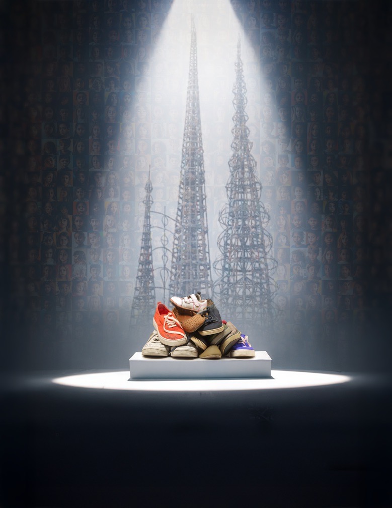 The Silent March — shoes of children lost to violence, beneath the Watts Towers