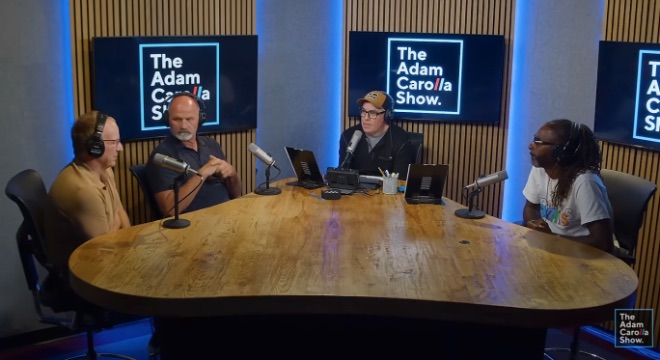 Four filmmakers around the table in The Adam Carolla Show studio