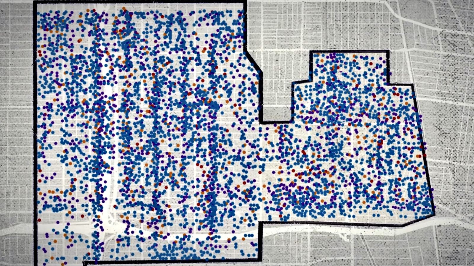 The outline of Watts on a map of south Los Angeles, filled with dots — the film's violent crime detail for the neighborhood.